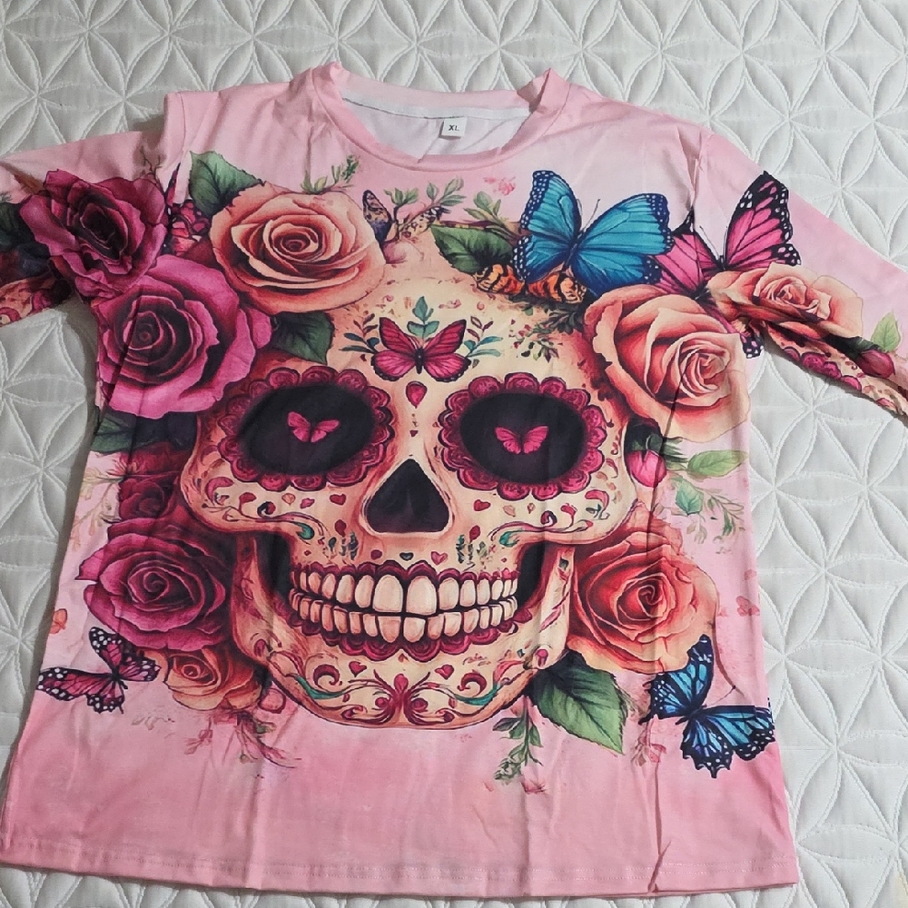 Floral Skull and Butterfly Shirt - Pink